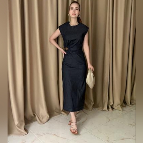 Zara Gold Applique Denim Midi Dress - Picture 4 of 10